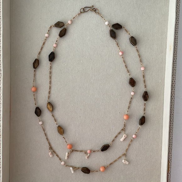 Double Strand Peach Coral & Wood Bead Chain Necklace - Picture 2 of 7